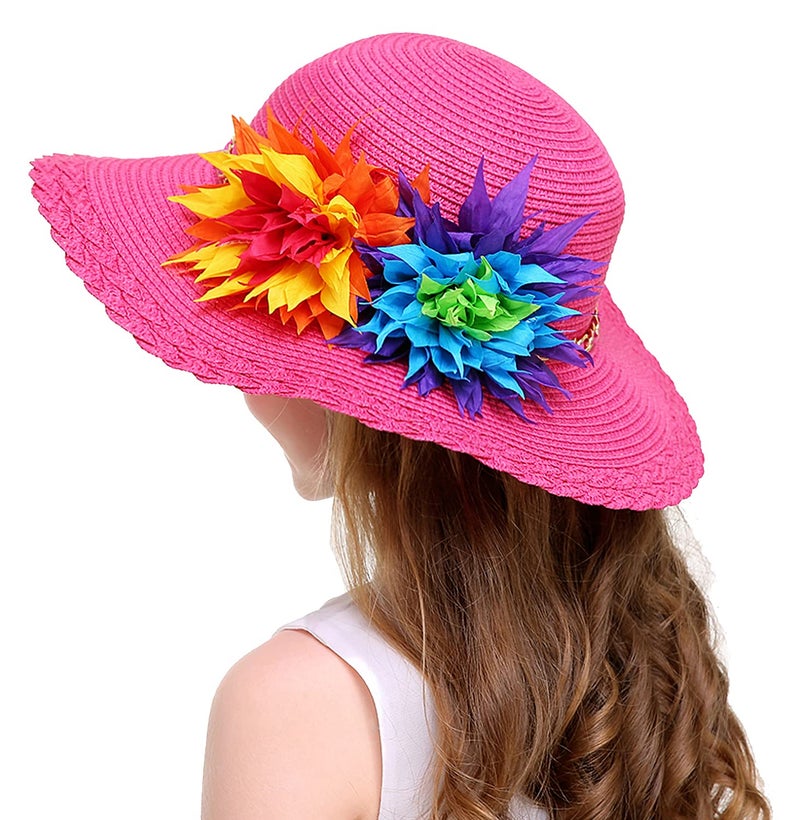 Bienvenu Kids Girls Multi-Colors Large Brim Flower Beach Straw Sun Hats,Fuchsia - Image 3